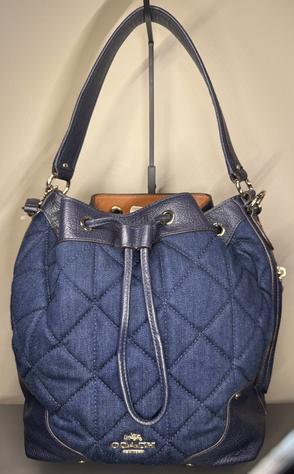 Coach Mickie Blue Quilted Drawstring Bucket Bag Gold Hardware #F37242 NWT