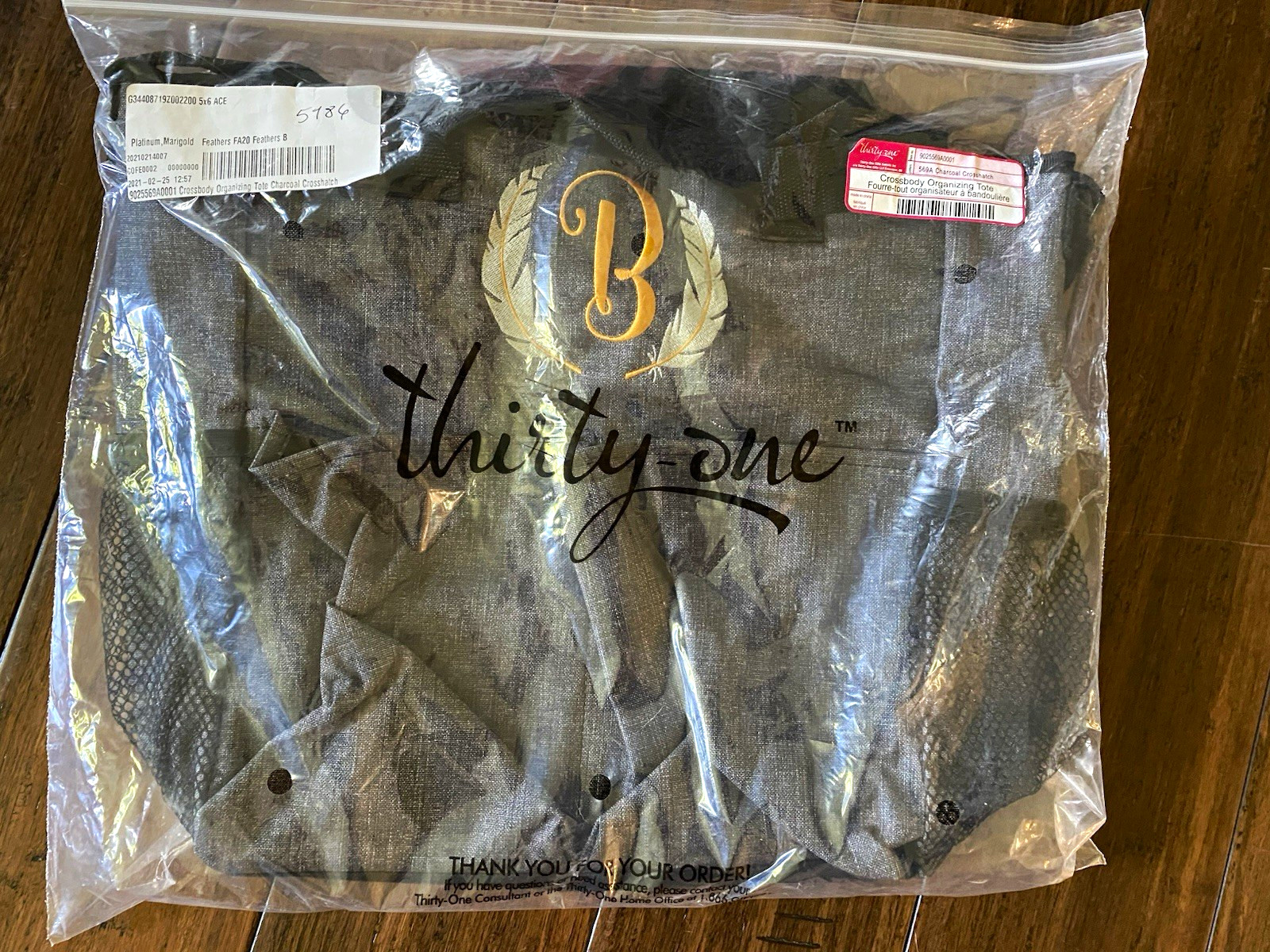 Thirty-One Crossbody Organizing Tote, Gray, Zipper, Pockets, Strap, initial “B”