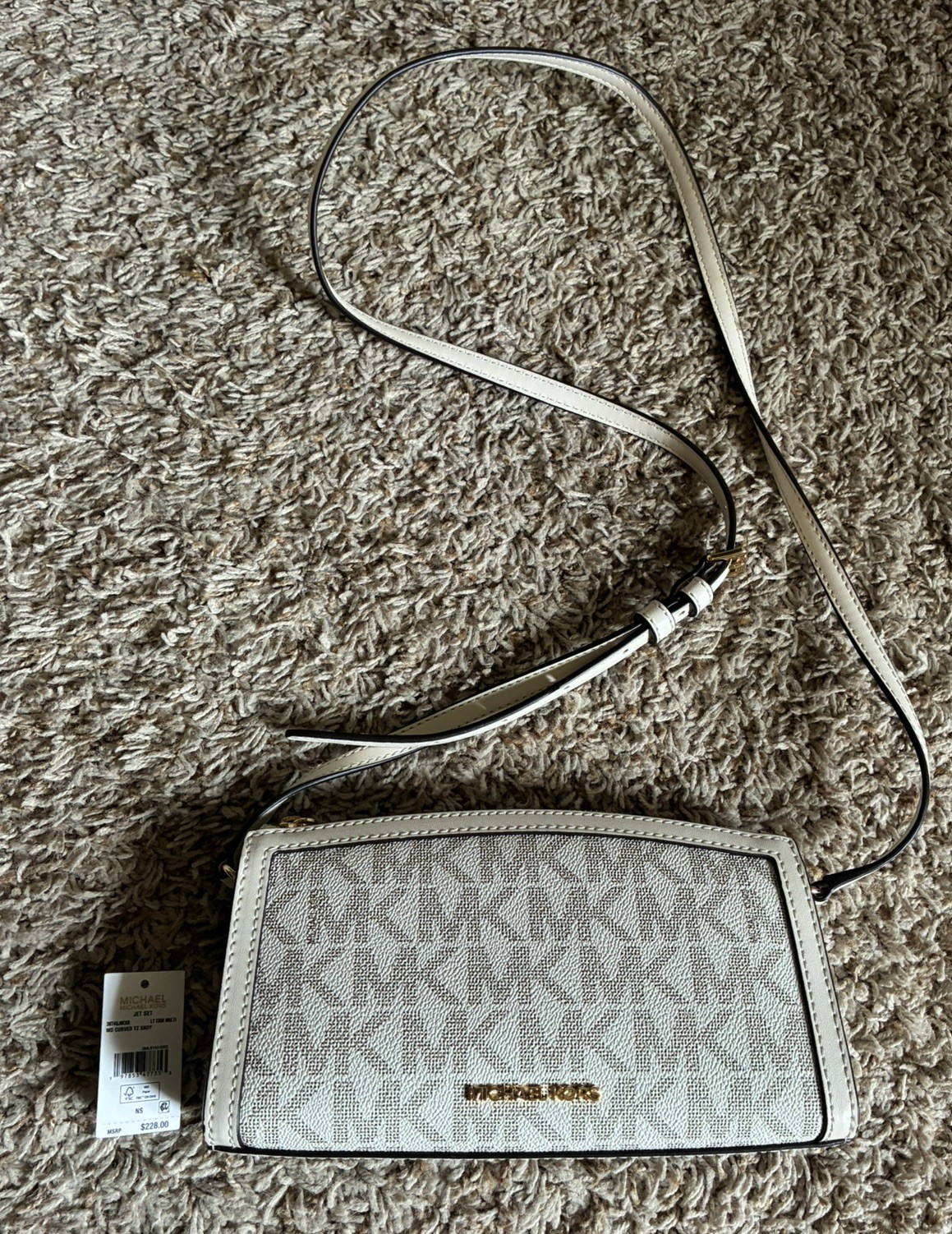 NEW Michael Kors Jet Set Cream Logo Medium Curved Signature Crossbody Bag NWT