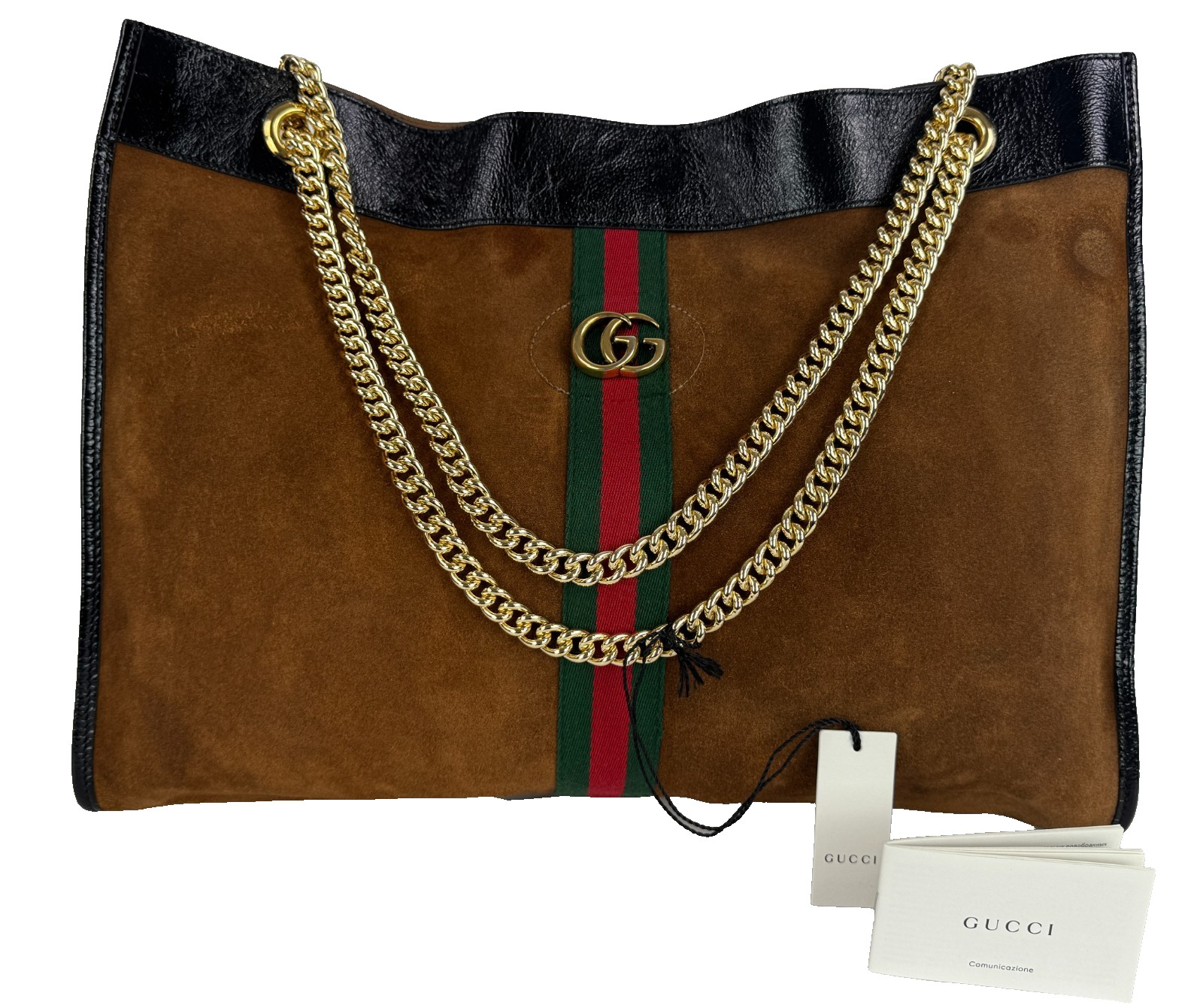$3200 Gucci Auth Brown Black Web Rajah Tote Bag Suede Leather Runway Auth