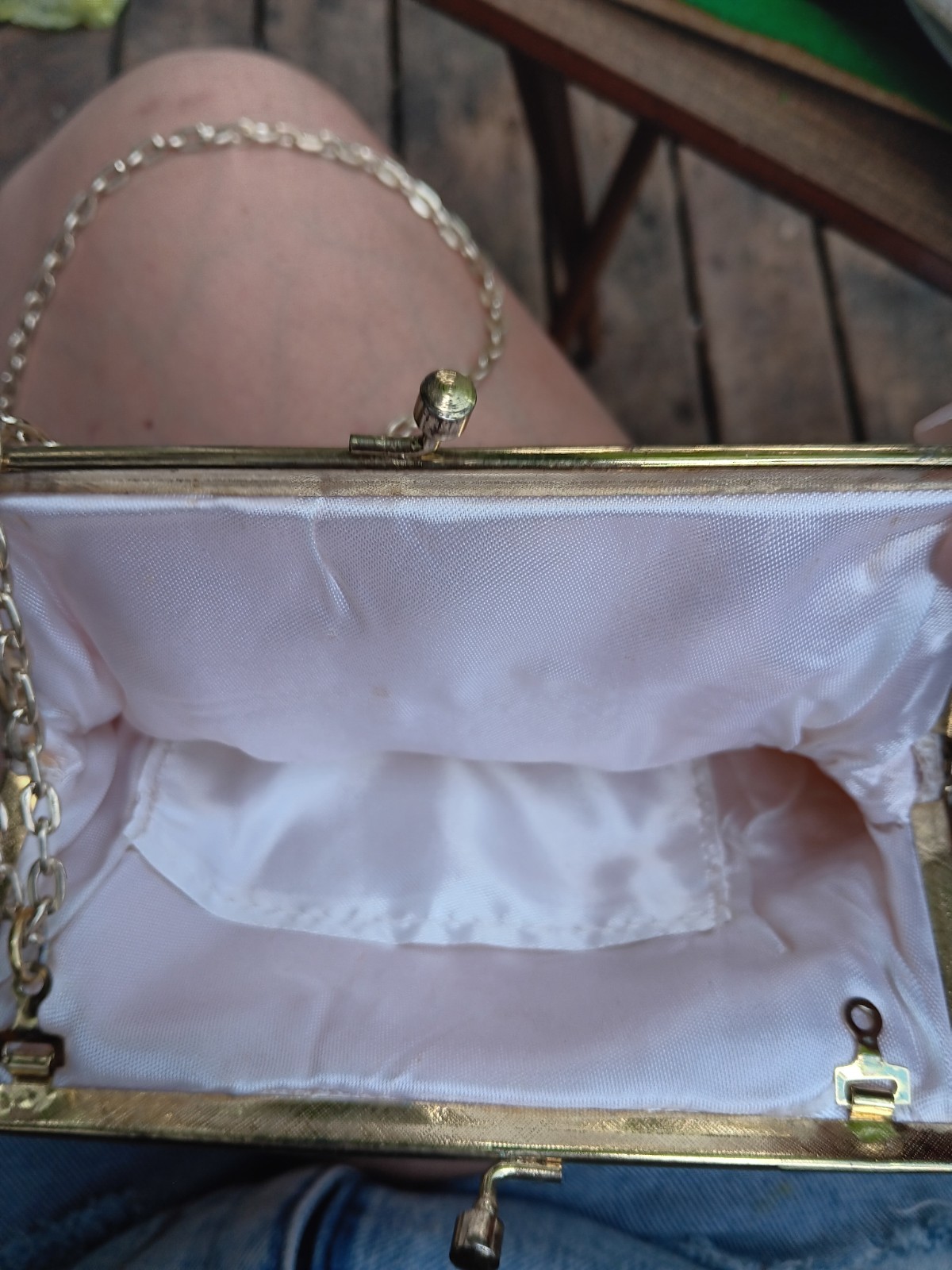 Ivory Beaded Small Clutch with Gold Chain Strap, Lined, Inner Pockets