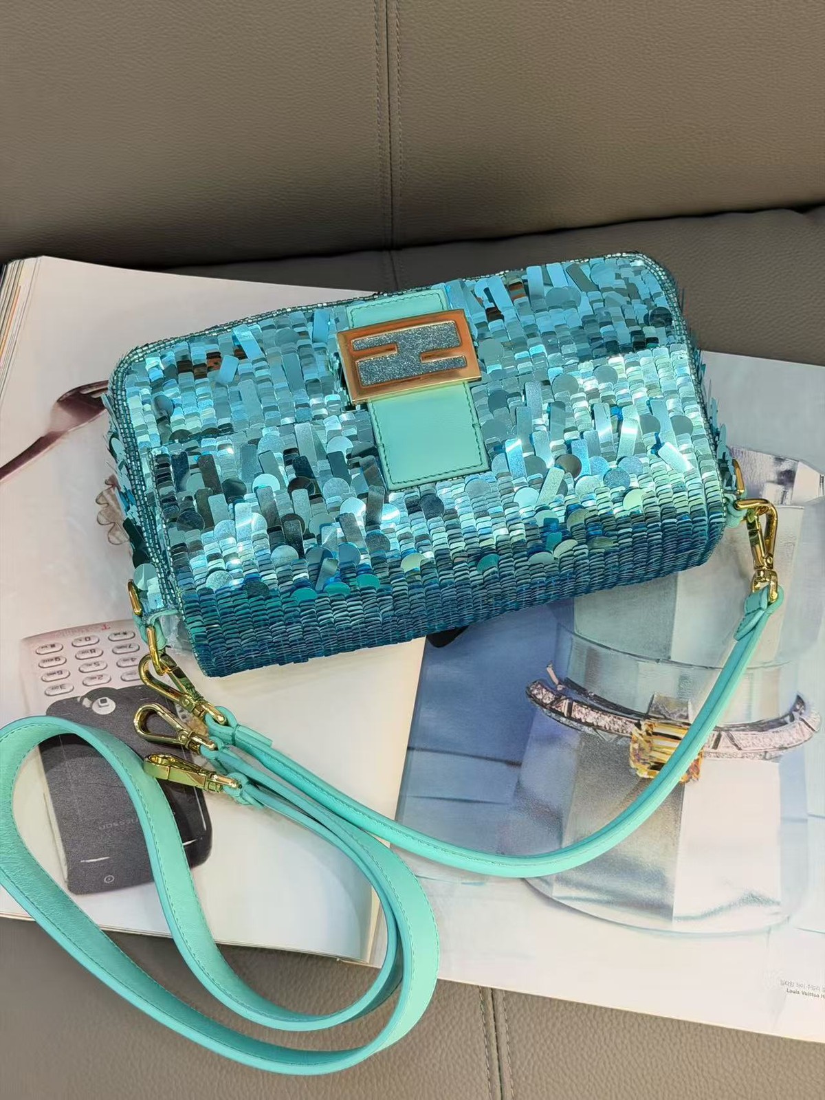 AUTH Fendi Baguette Medium Turquoise Sequins Fringe Glitter FF Gold Hardware
