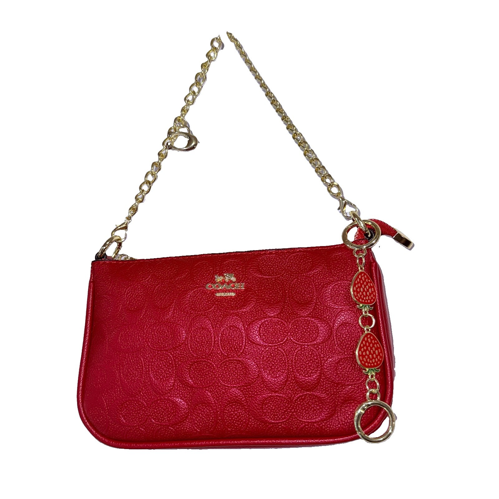 Coach Signature Logo Small Pink Shoulder Bag Chain Strap Cherry Charm Zip