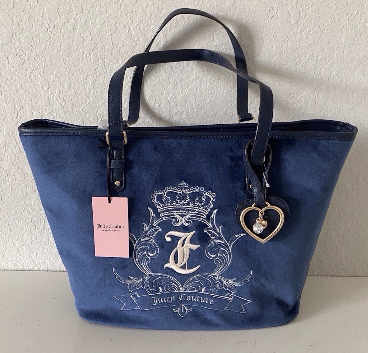 NWT Juicy Couture Black Velour Tote Bag Heart Charm Y2K Crown Crest Large Purse