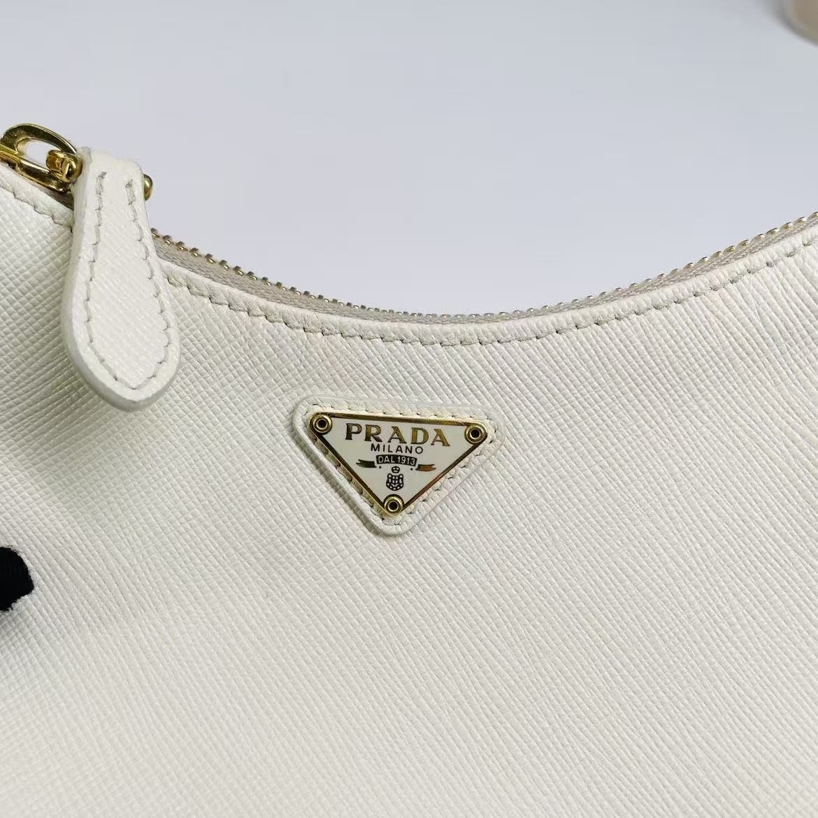 Prada Re-Edition 2005 Mini Hobo Bag White Saffiano Leather Gold Hardware 2WayBag