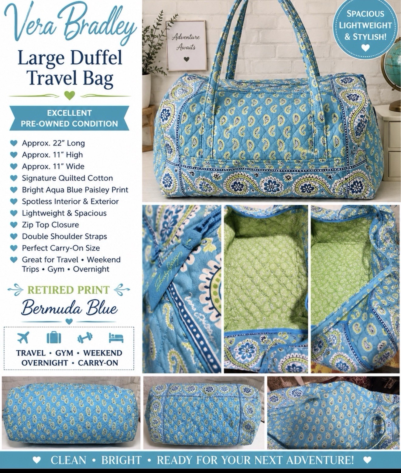 Vintage Vera Bradley~Bermuda Aqua Blue Paisley Large Duffel Excellent Condition