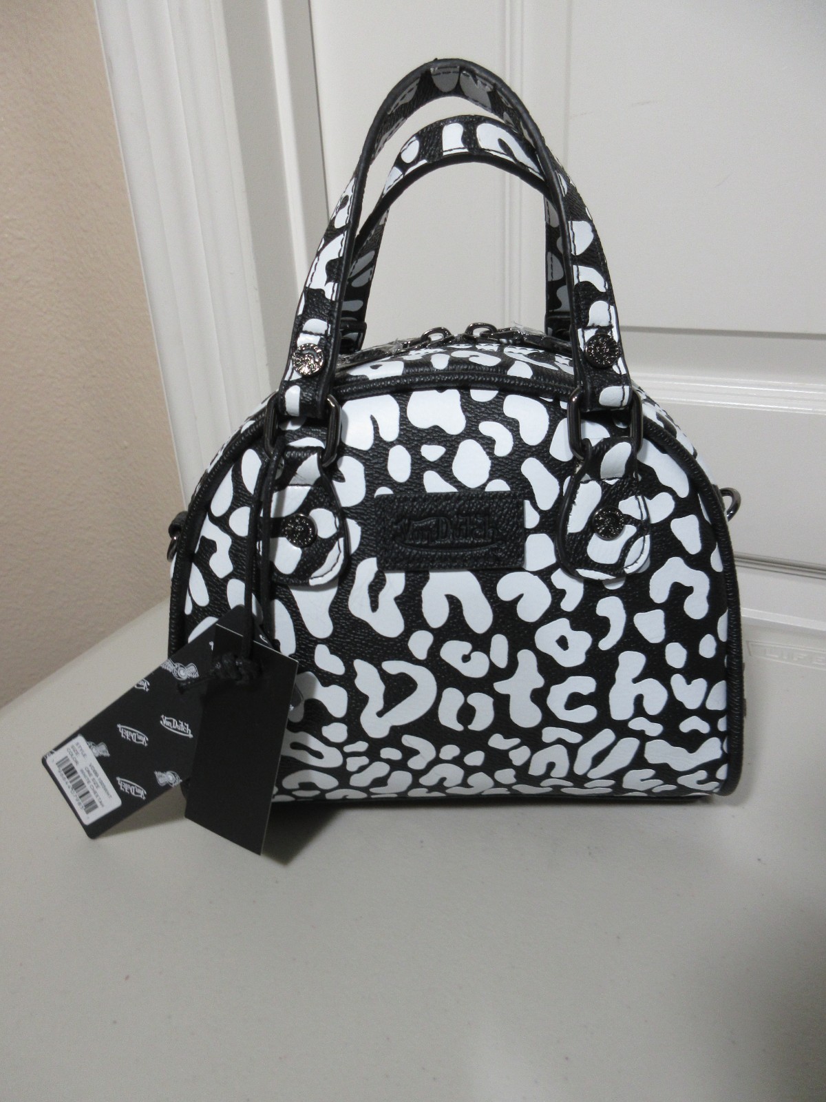 NEW VON DUTCH WHITE CHEETAH BLACK/WHITE BOWLER SATCHEL/SHOULDER BAG