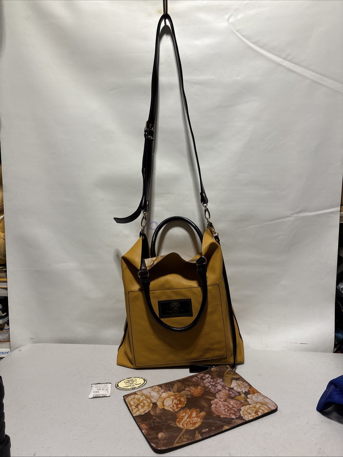 Orig Sharif reversible Leather Purse Tote Shoulder Bag Mustard Floral Crossbody