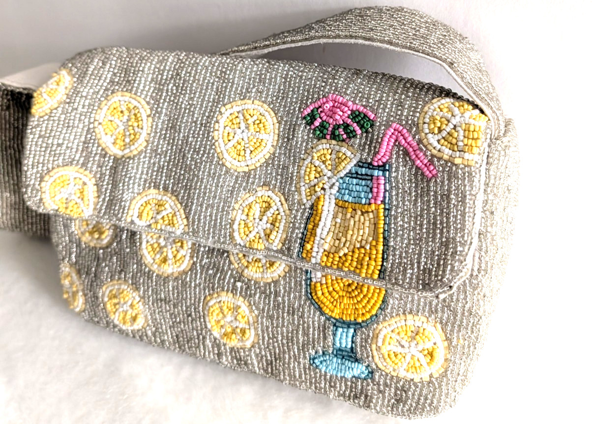 Collection XIIX Beaded Mini Bag Lemons and Drink 9 1/4X6 .5 Inch Single Handle
