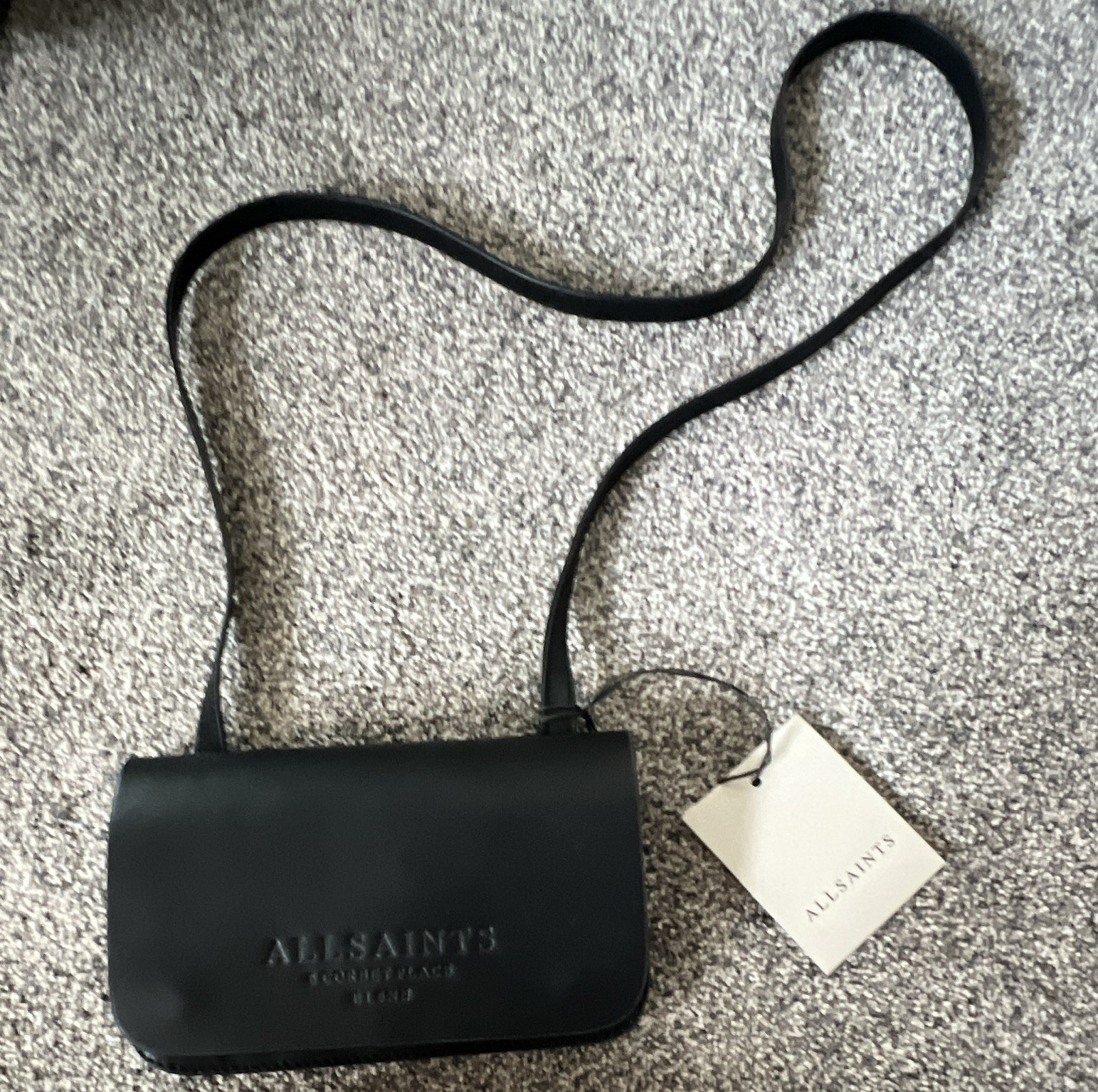ALLSAINTS Black Crossbody Wallet Bag Silver Hardware Magnetic/Zip + Brand Card