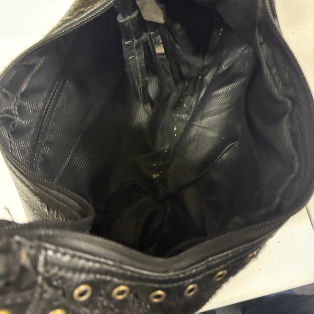 Vintage Black Faux Leather Hobo Bag Studded Grommet Lace Up Fringe Punk Goth