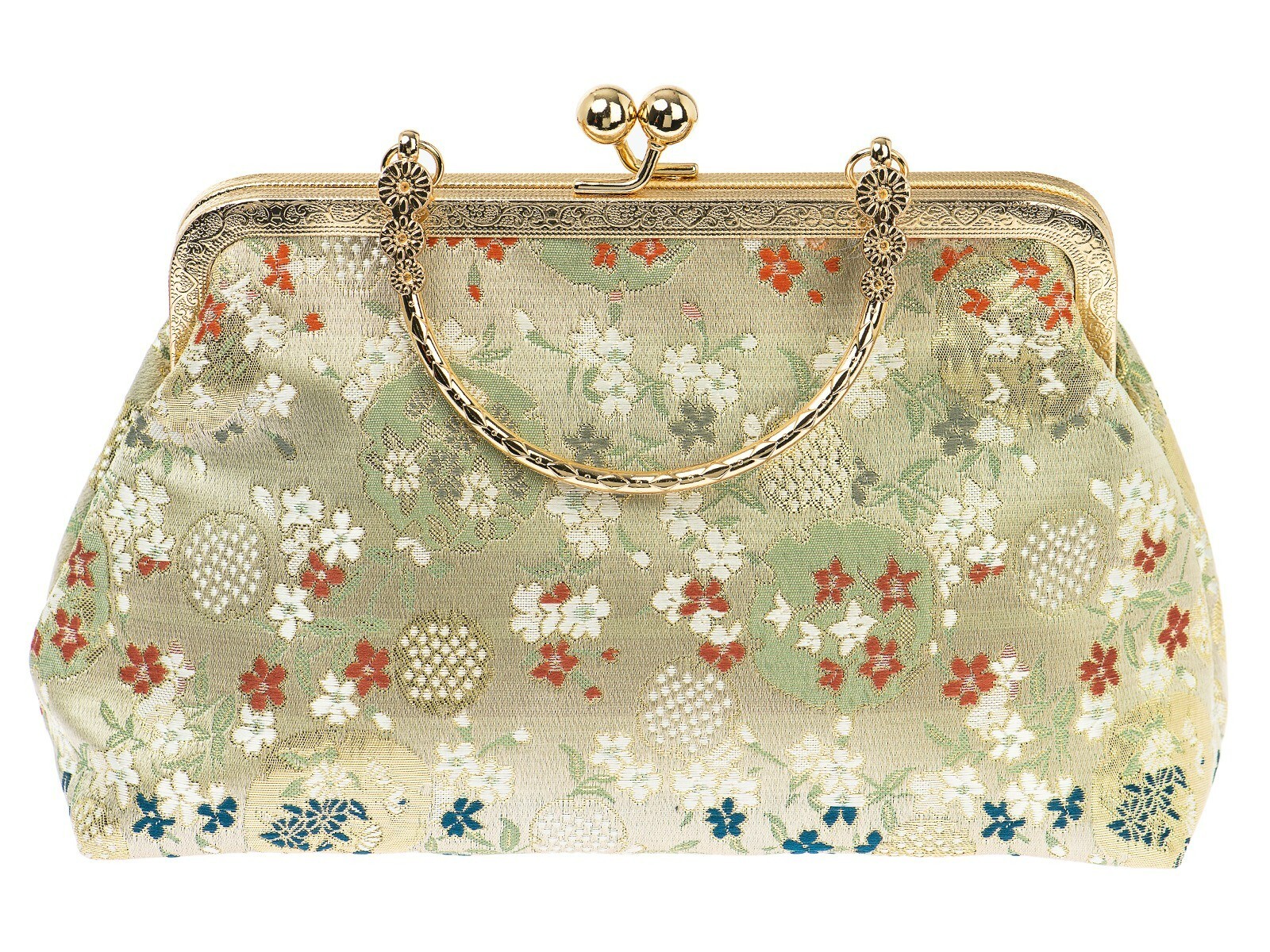Cream Floral Fabric Gold Tone Clutch Purse, Snap & Lock Closure, handle OPC1270