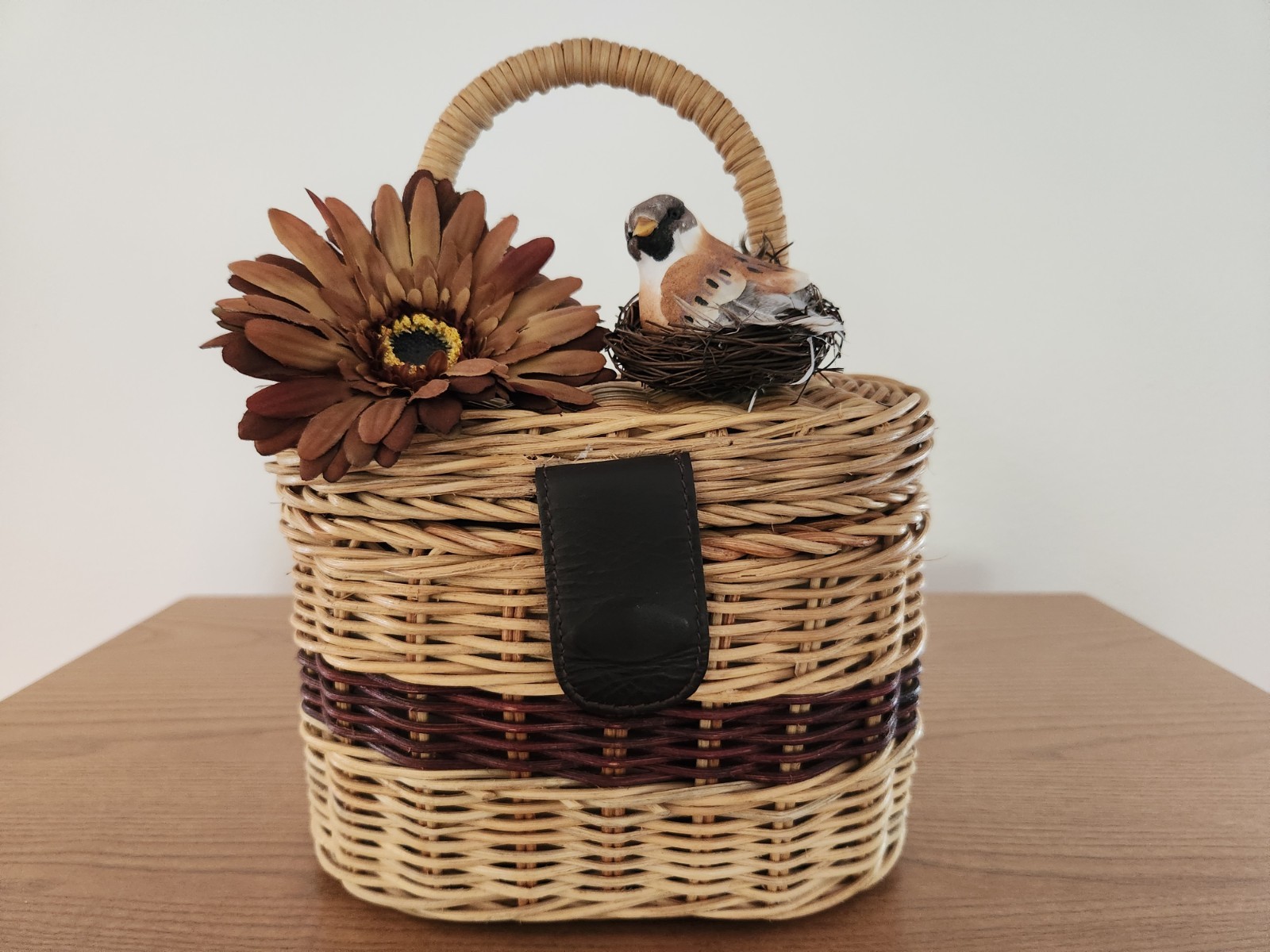 Vintage Wicker Basket Handbag Bird Nest Flower Daisy Brown Novelty Purse