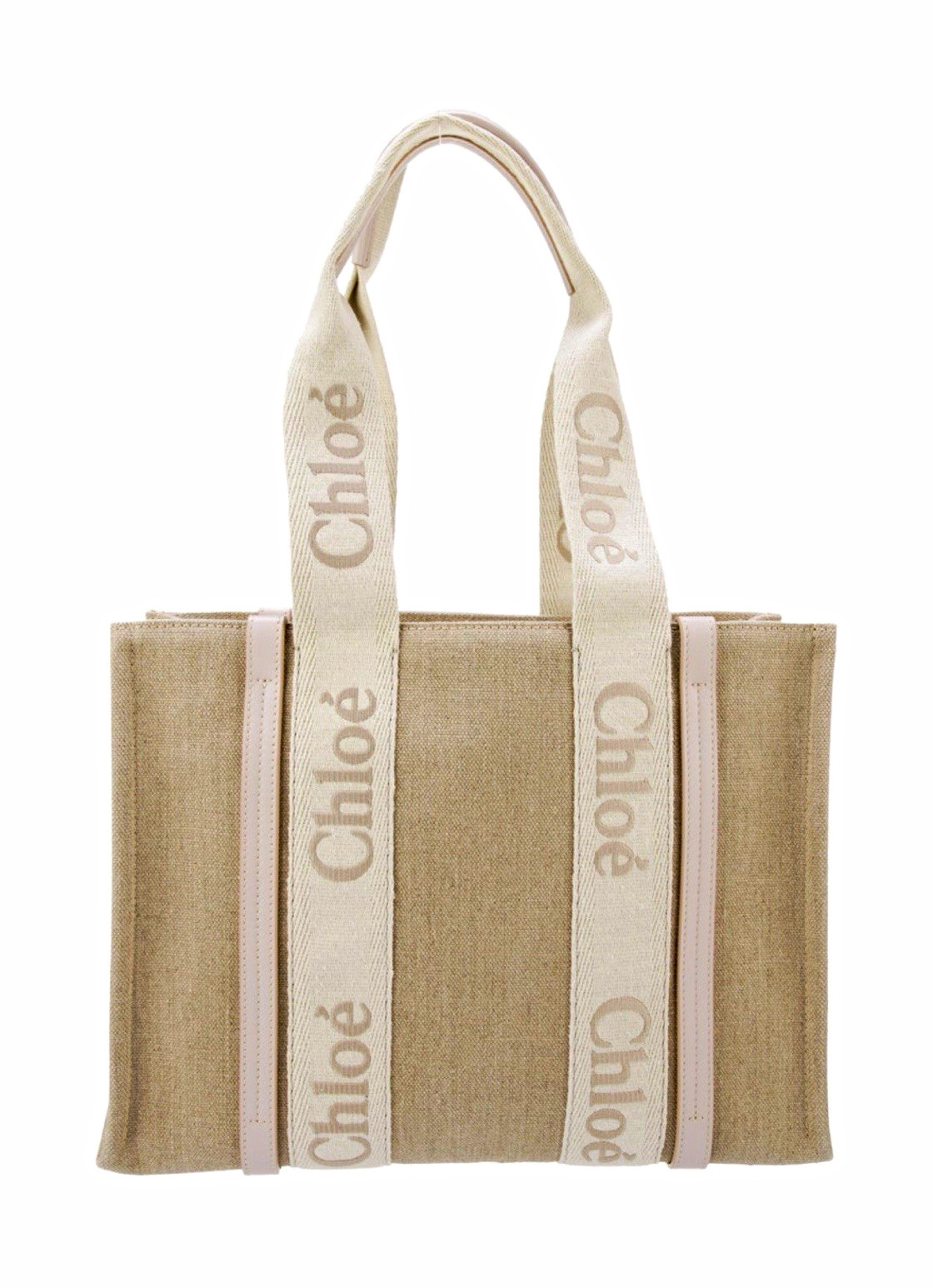 Chloé Woody Medium Tote Beige Logo Straps Hang Tag Inner Pockets Open