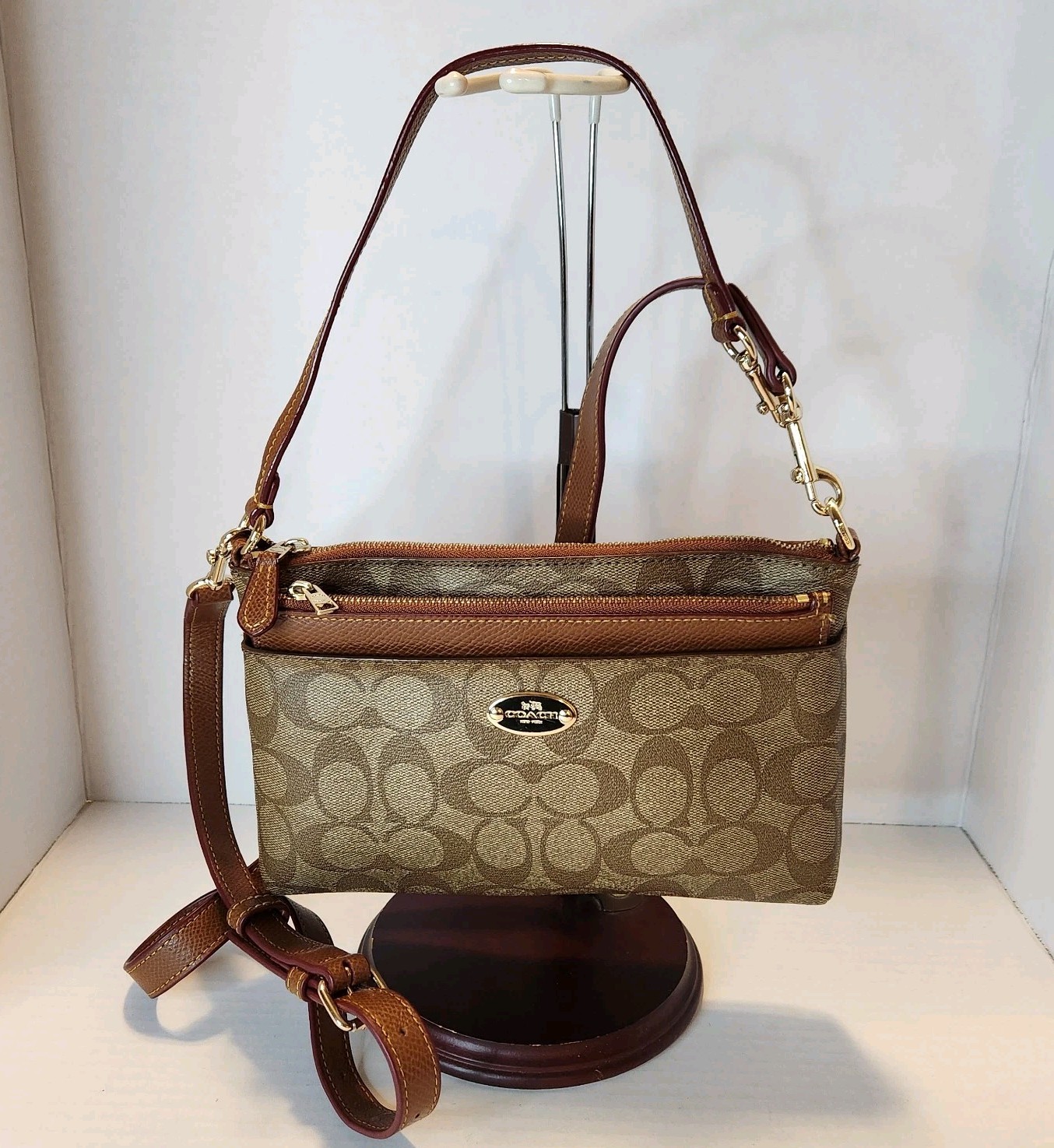 COACH F52657 F52619 Signature East West Pop Crossbody Bag Khaki Saddle Brown Set