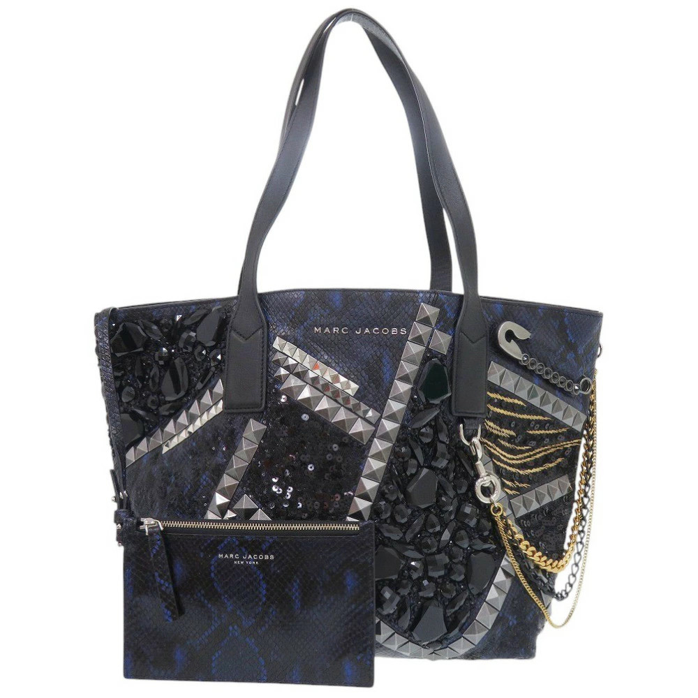 Jacob and Co Pouch Chain Studs Embossed Leather Blue / Black Women’s #LTB1541