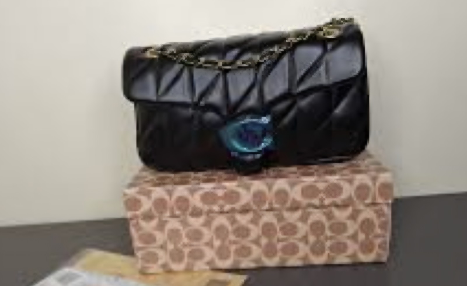 Coach Signature Quilted Turn Lock Shoulder Bag Black Gold Chain Small