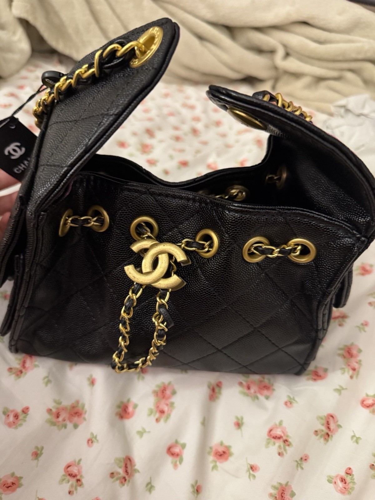 CHANEL 25 Black Quilted Drawstring Shoulder Bag Chain Strap Logo Gold Hardware