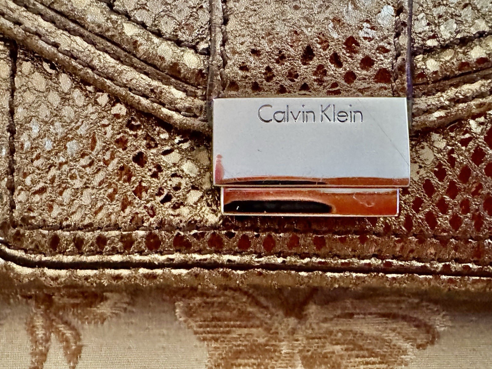Calvin Klein Gold Leather Snake Skin Embossed-Effect Metallic Flap Shoulder bag