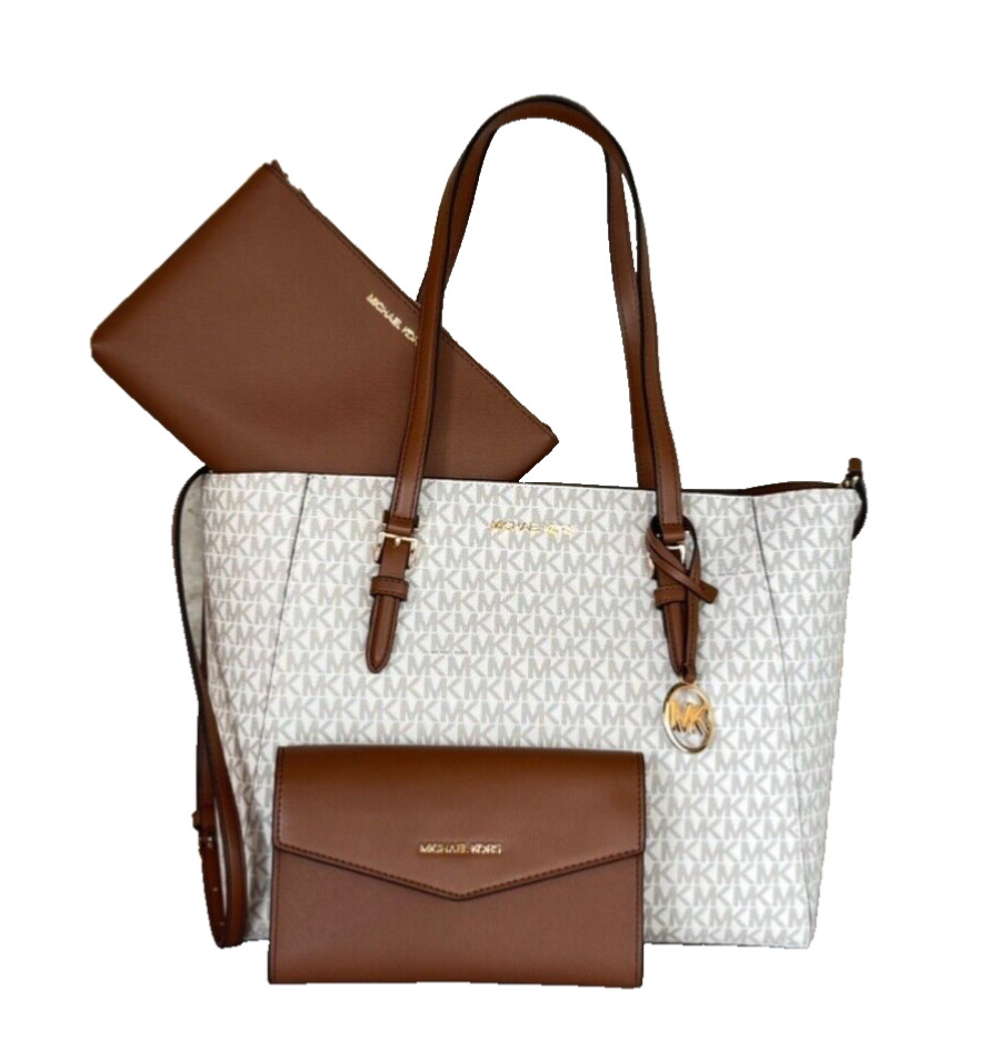 MICHAEL KORS CHARLOTTE LG 3 IN 1 TOTE SHOULDER BAG + CLUTCH MK VANILLA/BROWN