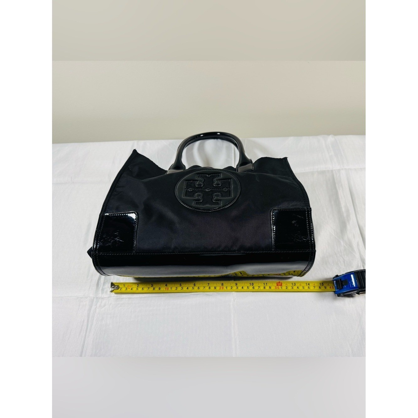 Tory Burch Ella Mini Tote Black Nylon Patent Leather Trim Handbag Logo Bag