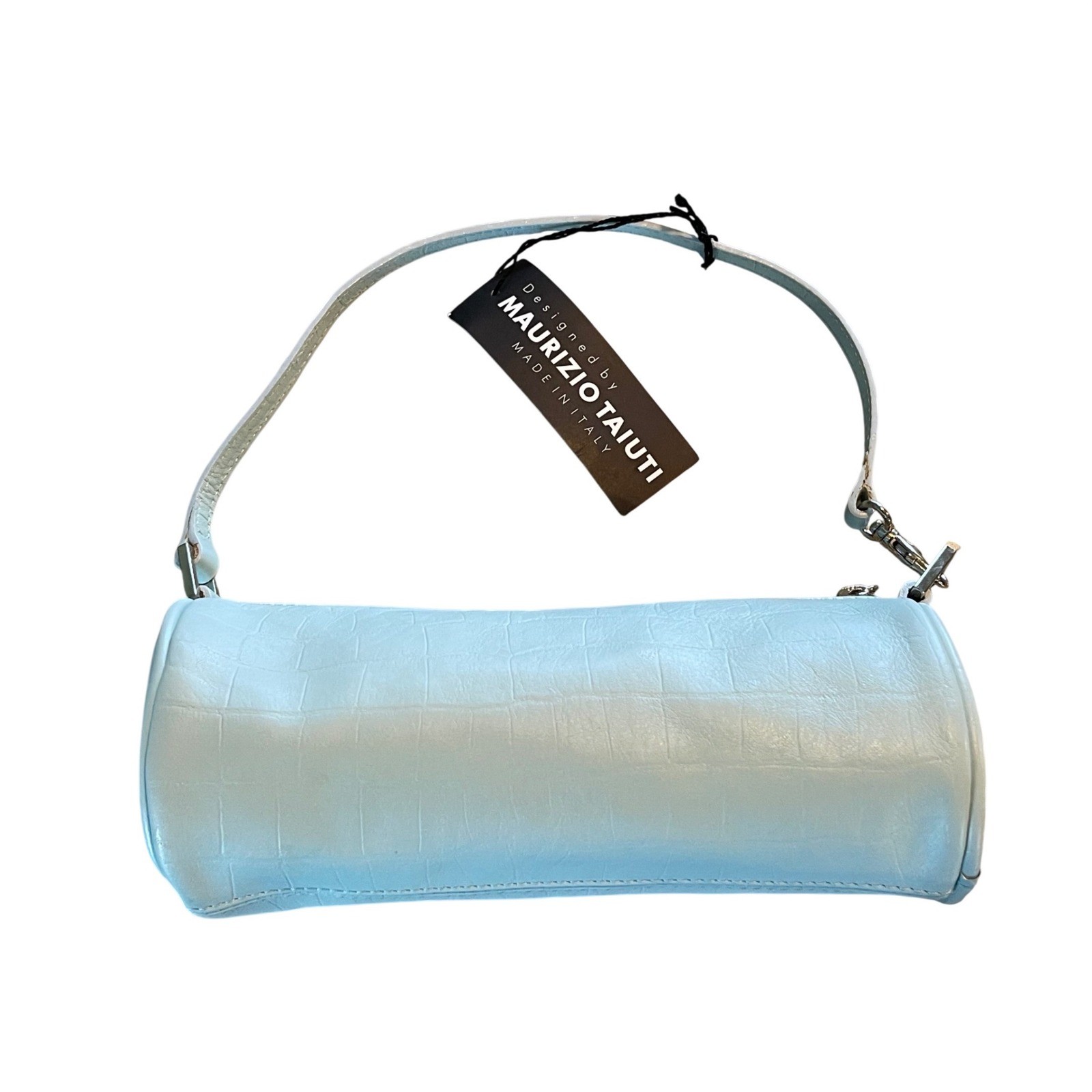 Maurizio Taiuti Barrel Bag Womens Small Light Blue Croc Leather Y2K Italy NWT
