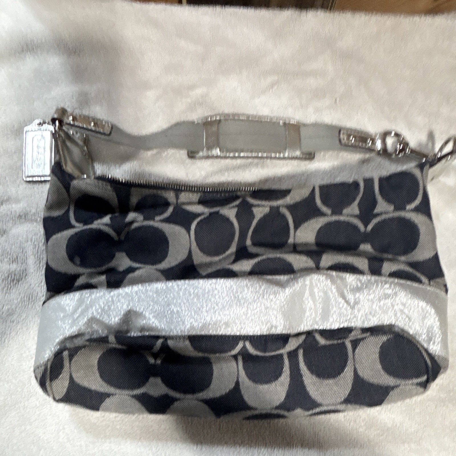 Coach Signature C Logo Shoulder Bag Zip Top Blue Gray Silver Metallic Pockets