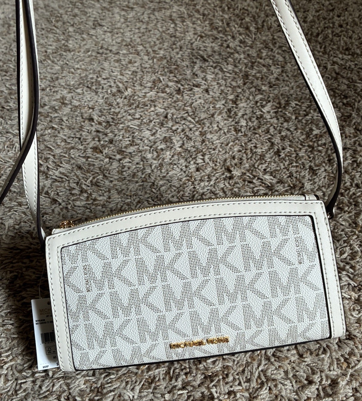 NEW Michael Kors Jet Set Cream Logo Medium Curved Signature Crossbody Bag NWT