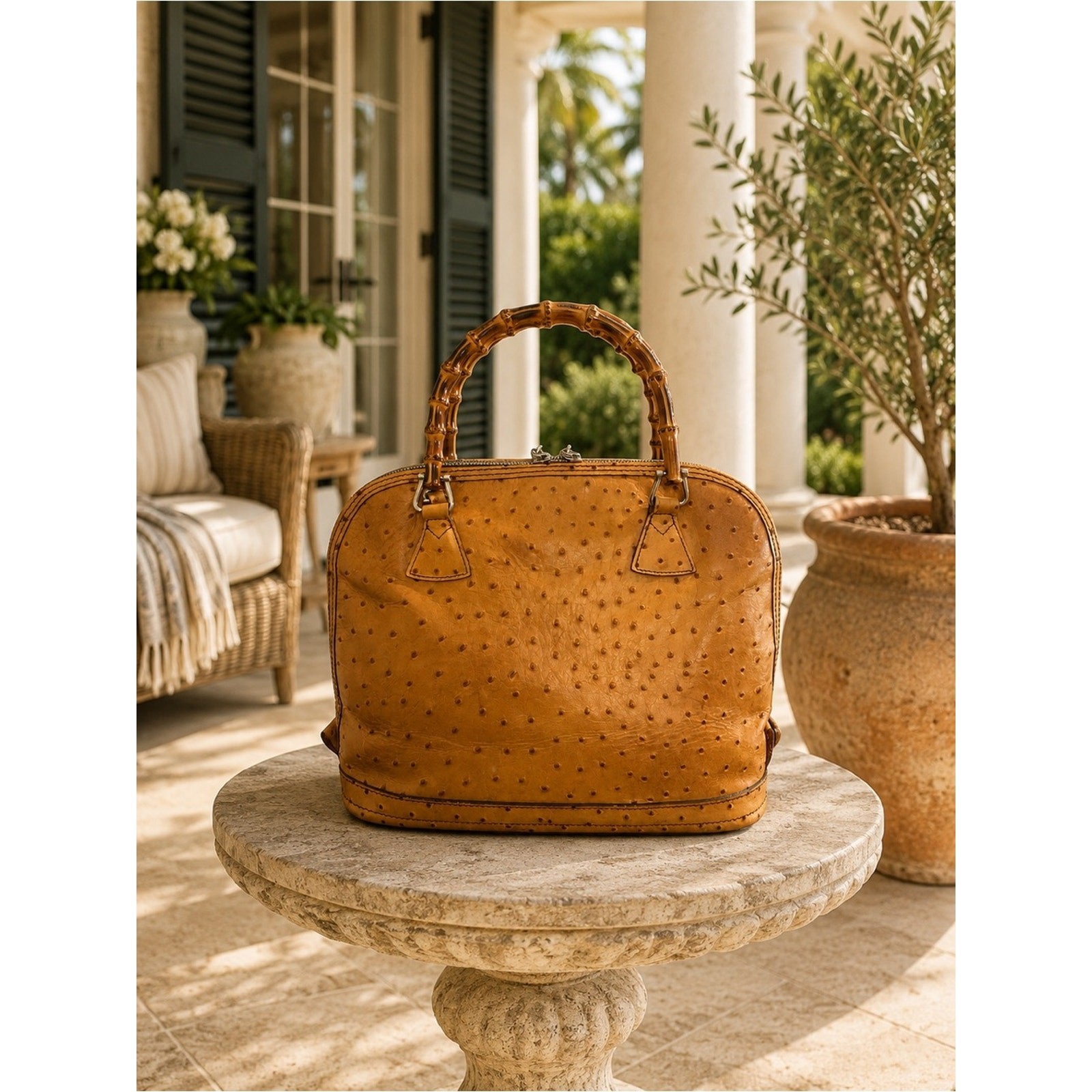 Vintage Dooney & Bourke Ostrich Embossed Bamboo Handle Satchel | Honey Tan