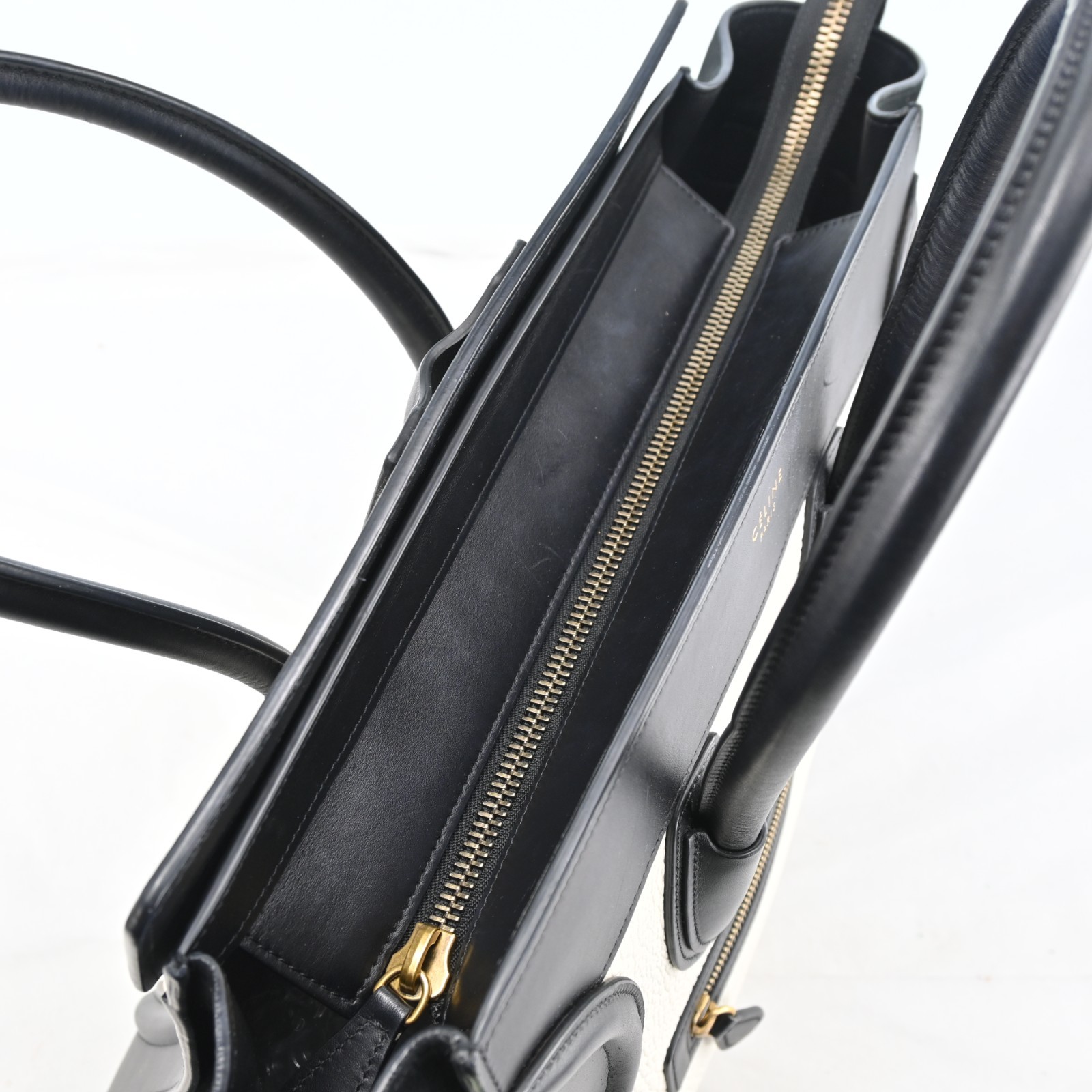 CELINE Luggage Mini Shopper Hand Bag Leather Black x White R3917YJ805