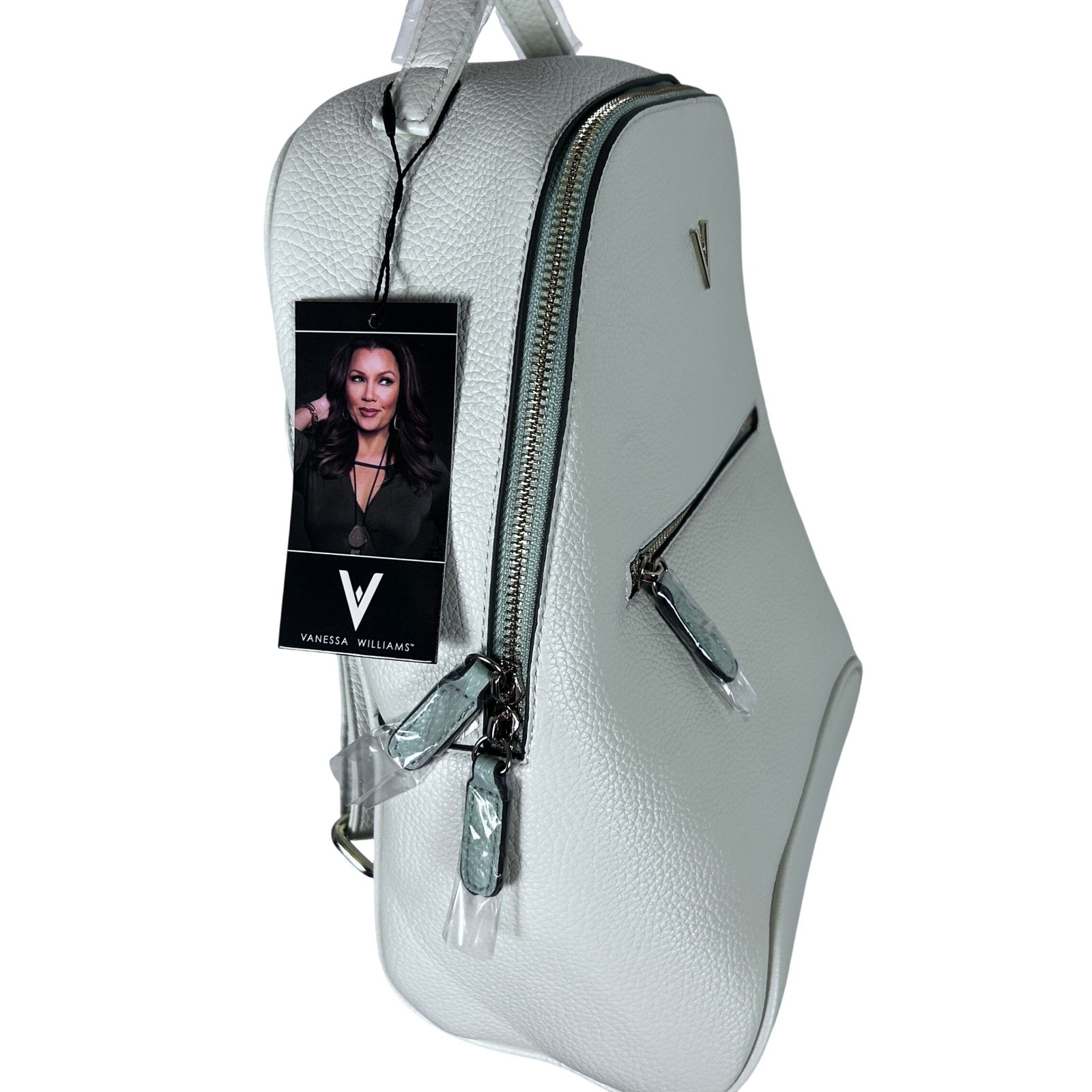 Vanessa Williams Womens White Pebble Leather Mini Backpack V Logo Front Zip