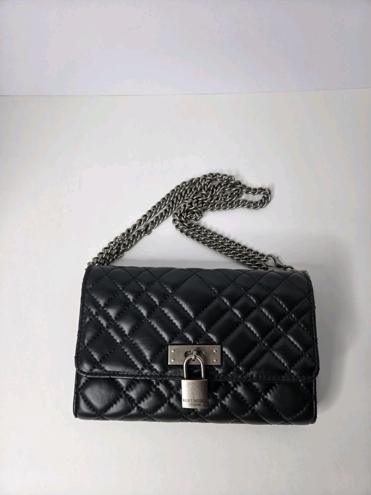 Kurt Geiger Black Quilted Chain Strap Padlock Accent Silver Hardware Women