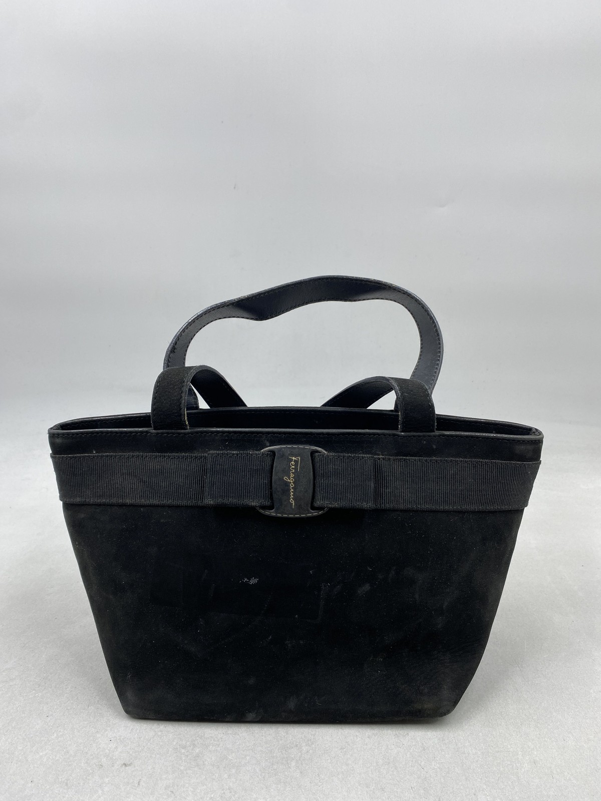 Salvatore Ferragamo Black Suede Vara Ribbon Mini Tote Bag