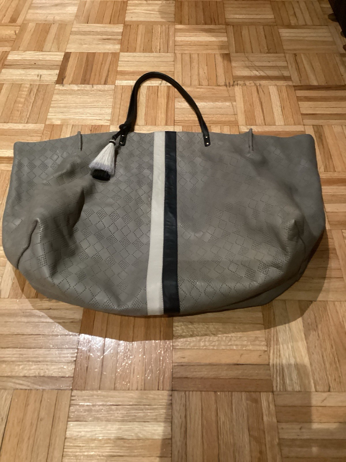 Genuine KEMPTON & Co Roomy XL Grey Leather Tote Bag with Black and White Stripe