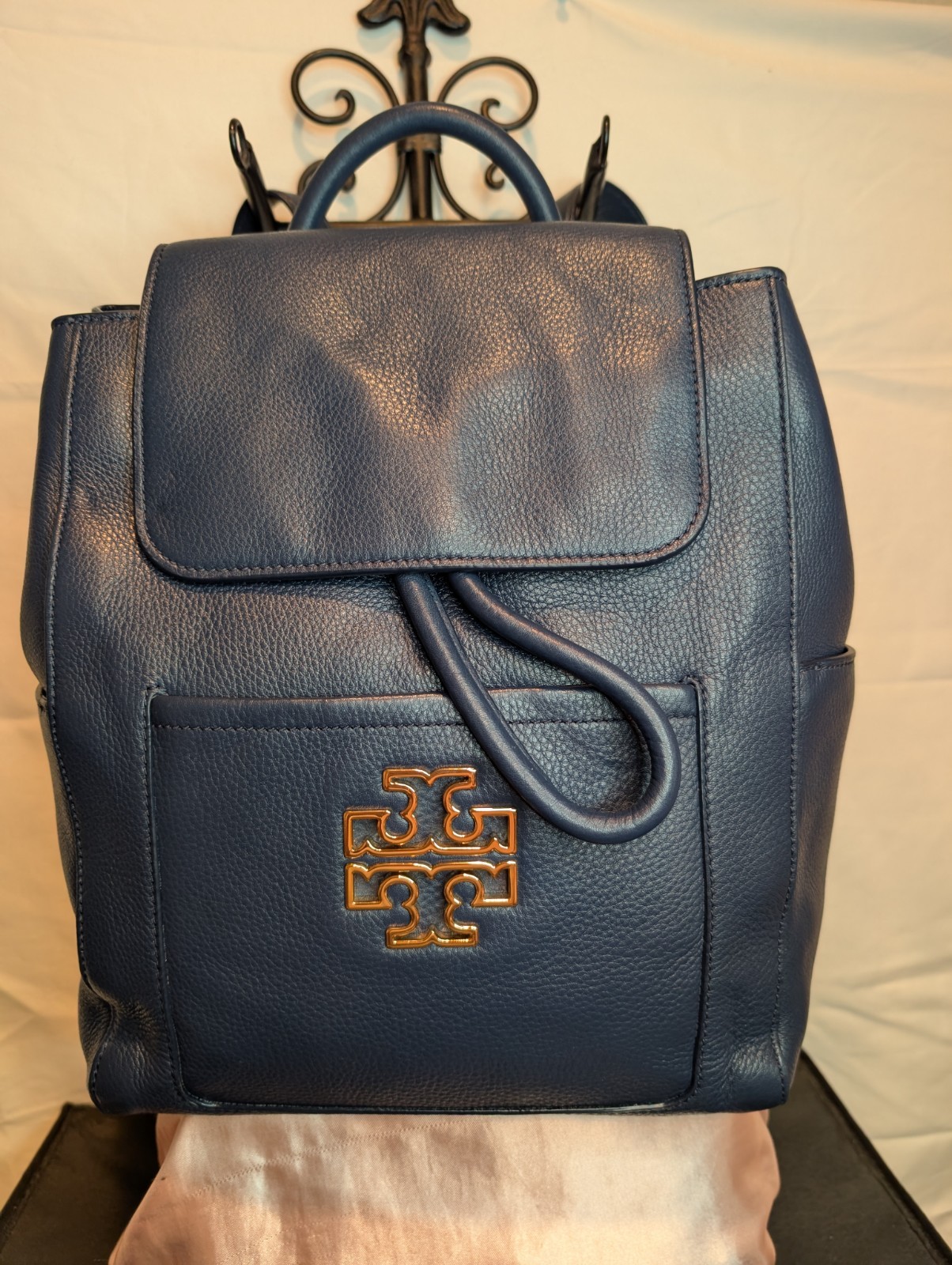 Tory Burch Britten Navy Leather Backpack W/ Gold Tone Logo
