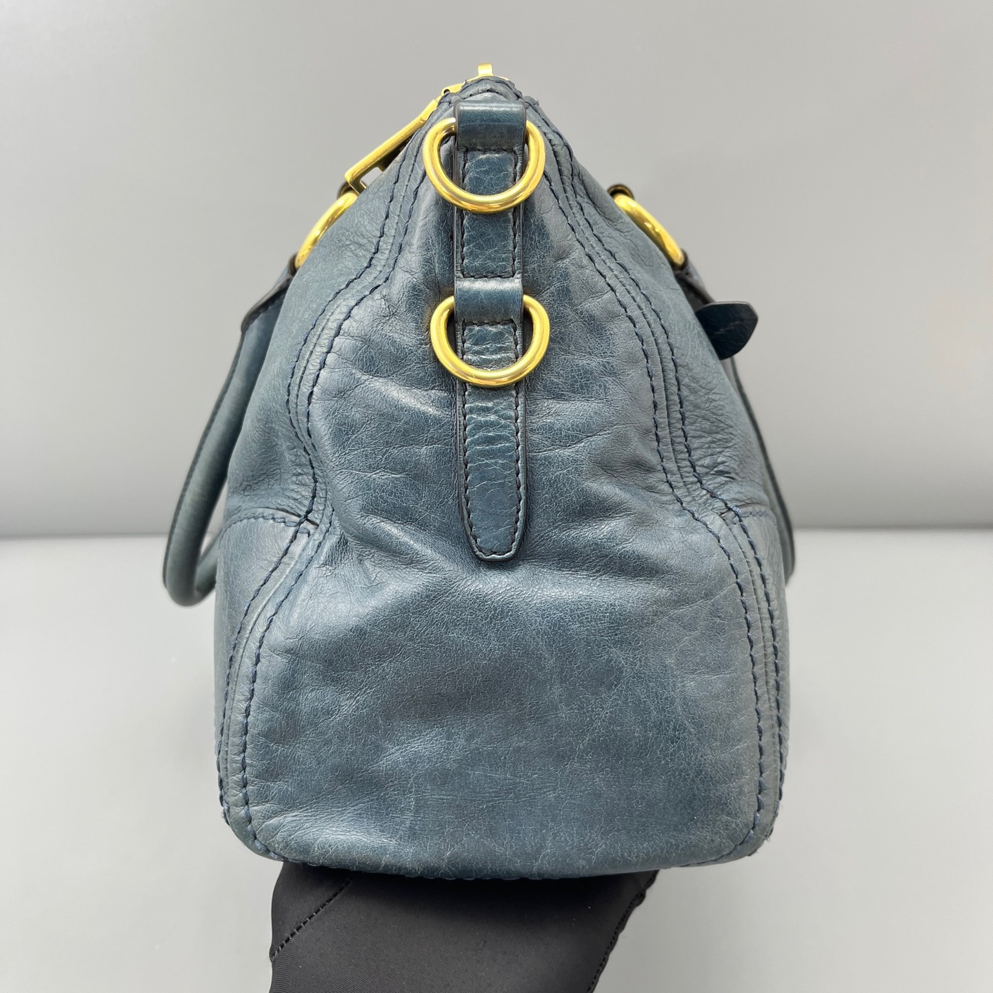 Prada Large Blue Waxed Leather Handheld & Shoulder Carry Bag Duty Paid