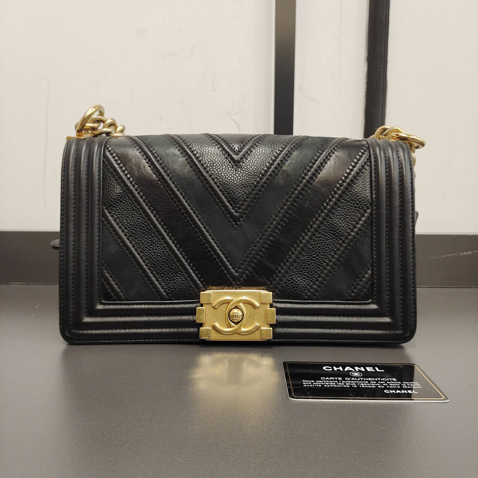Chanel Le Boy Medium Black Calfskin Gold Shoulder Crossbody Bag Duty Paid