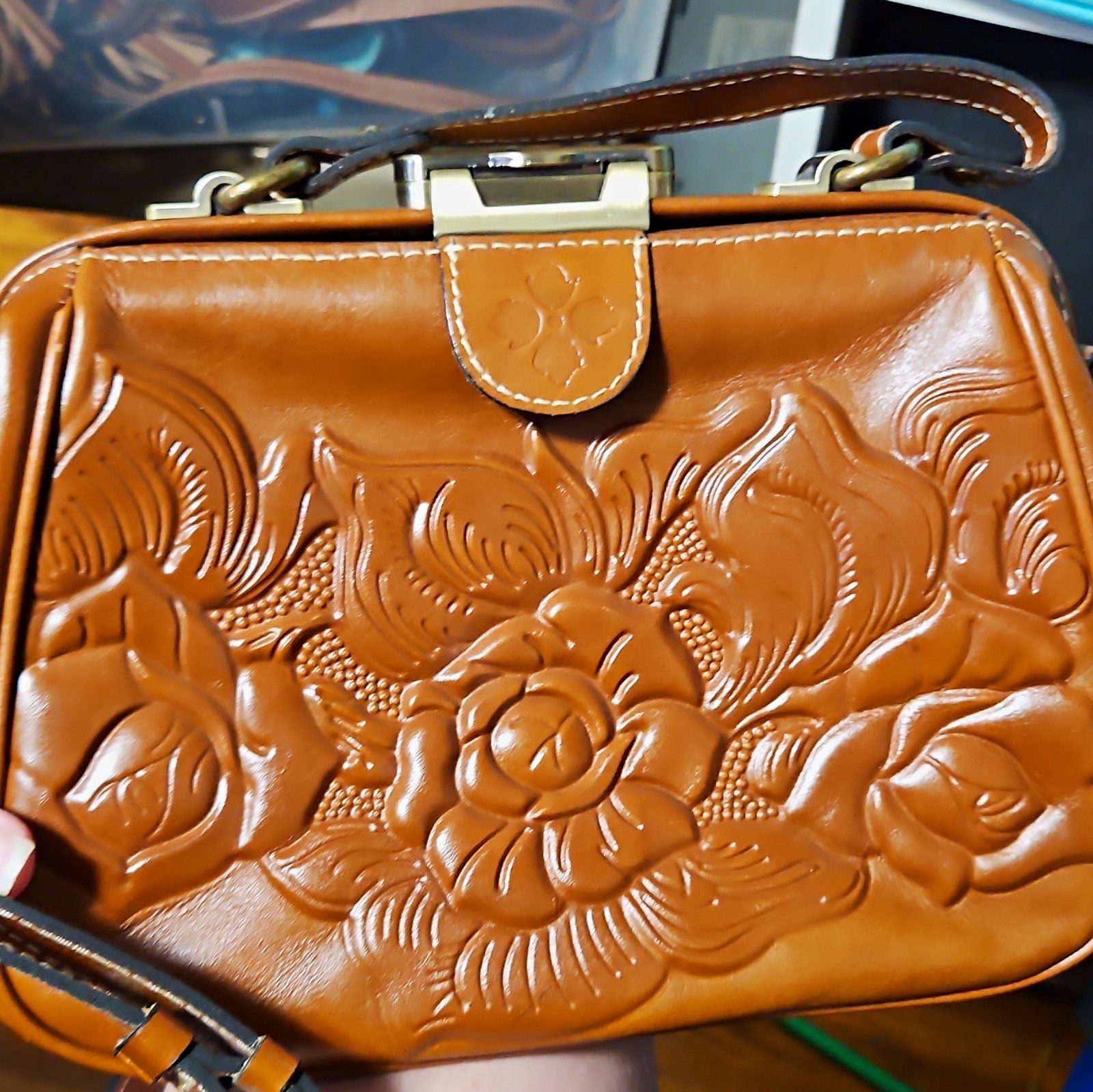 Brown Embossed Floral Satchel Top Handle Clasp Detachable Strap Gold Hardware