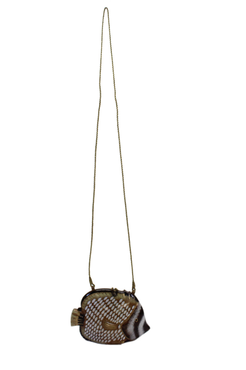 Timmy Woods Womens Handmade Wooden Fish Purse Handbag Brown
