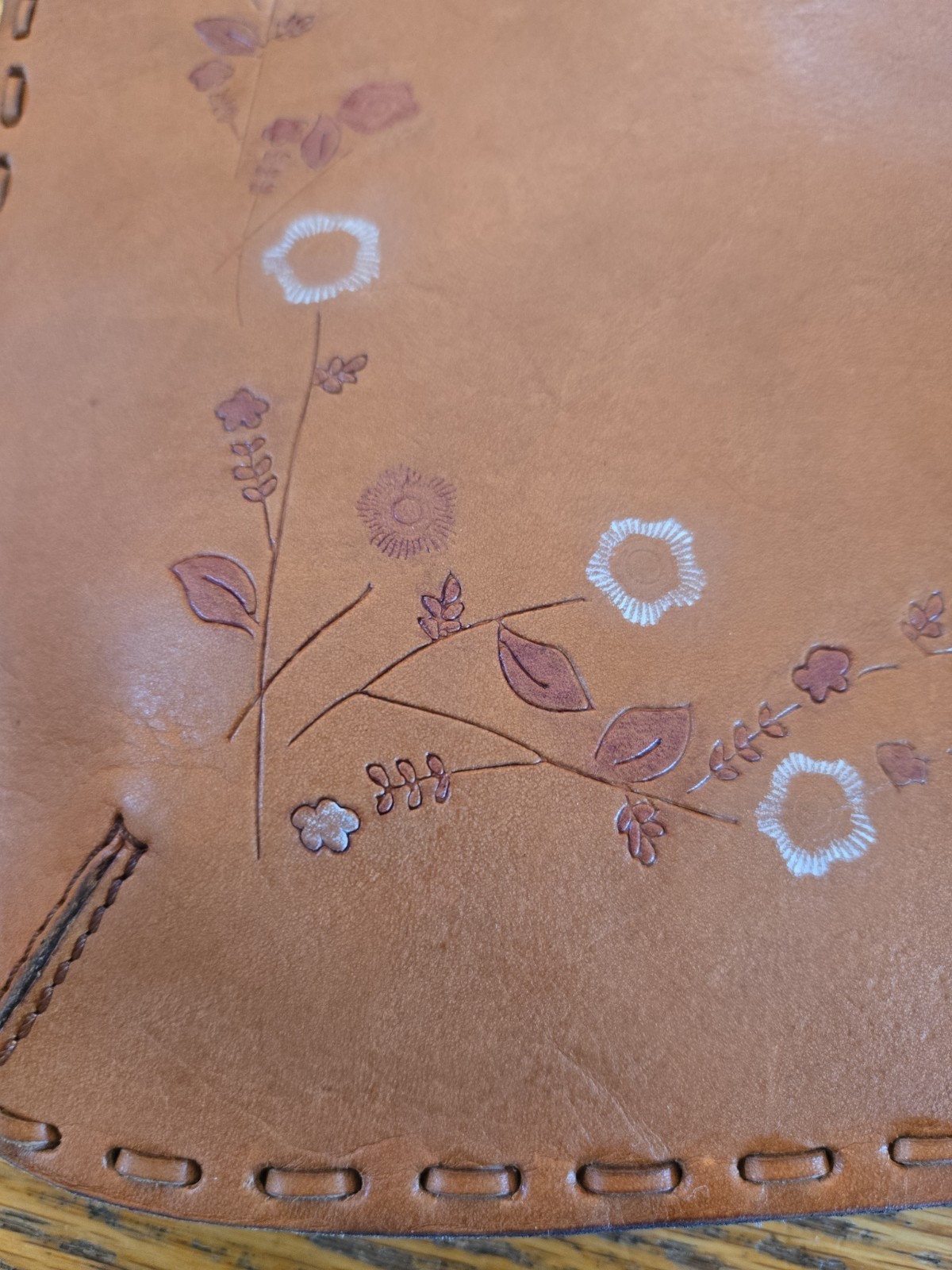 Cute! El Portal Vintage Leather Handbag Small Cognac Tooled Flowers