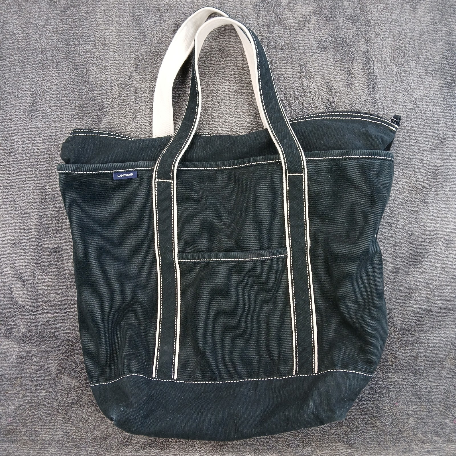 Lands End Zip Top Canvas Tote Bag Large Black White Stitching Pockets Classic