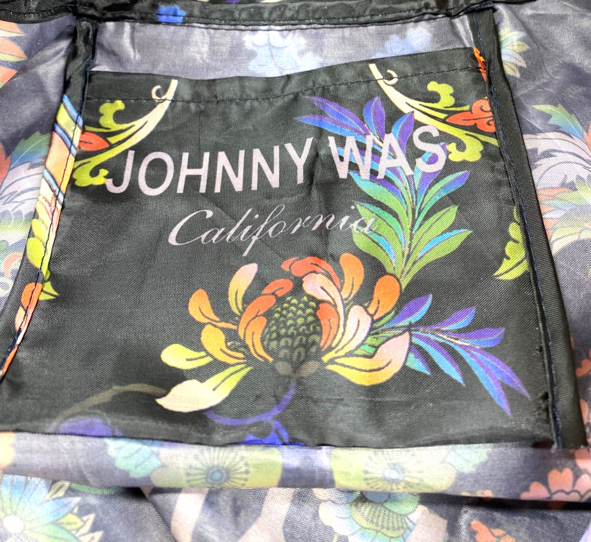 Johnny Was California Bird Floral Black Boho Print Nylon Tote Bag Inside Pocket