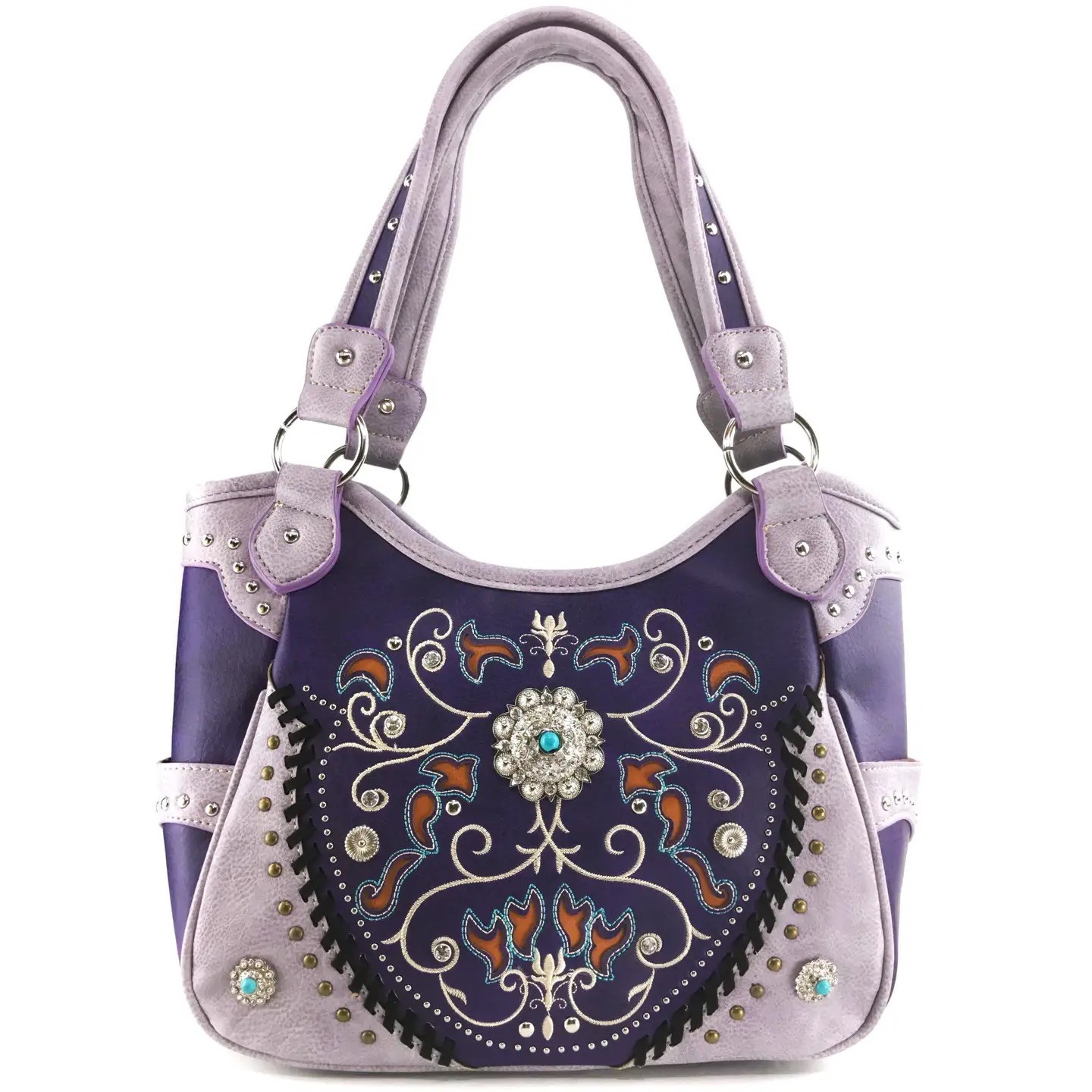 Western Concho Floral Tote Purse For Women In Lavender