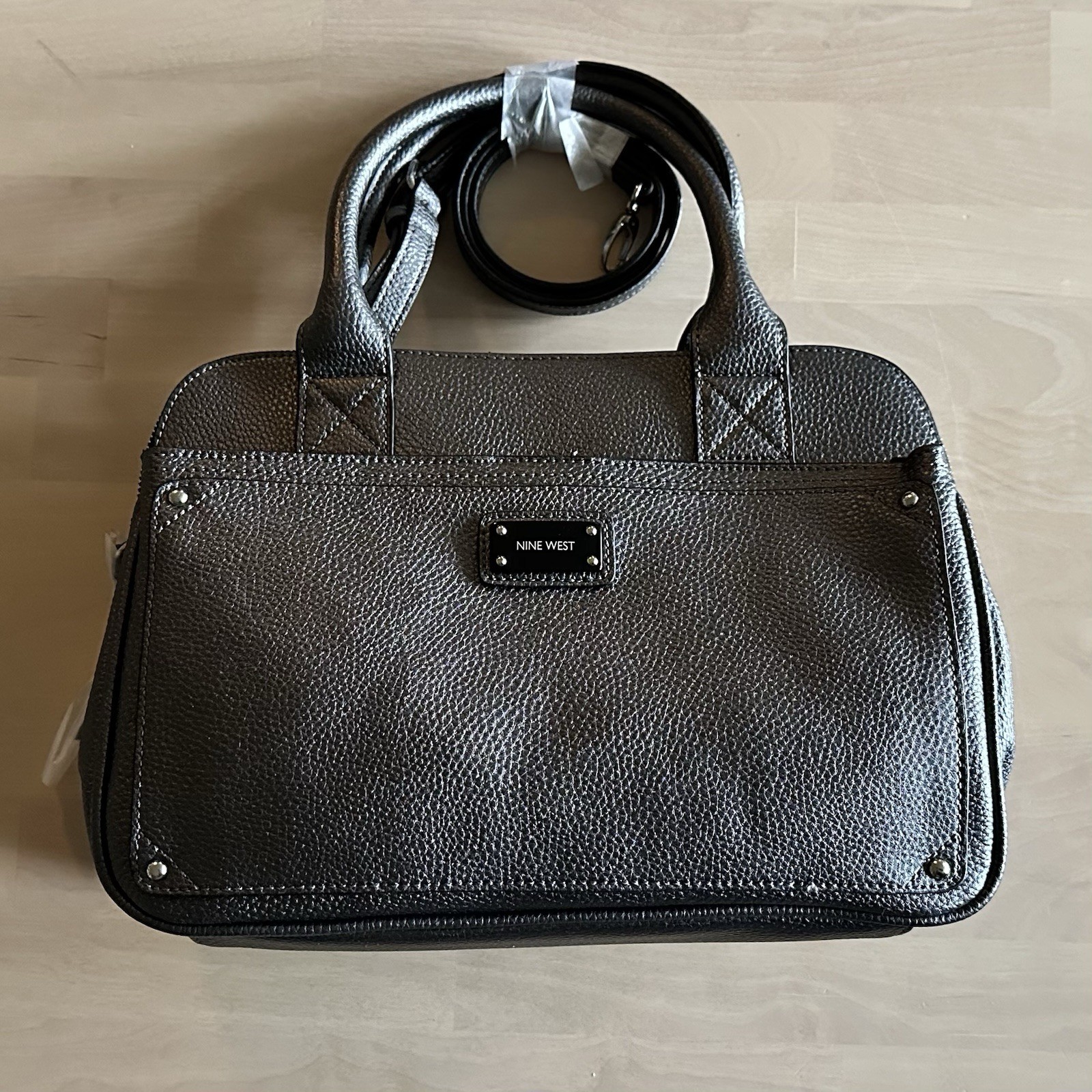 Nine West Double Vision Gunmetal Satchel Bag Detachable Strap Double Handles