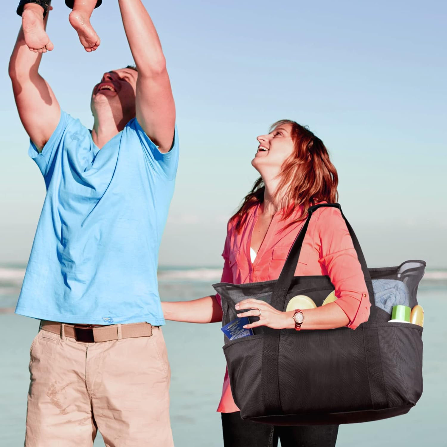 Mesh Beach Bag – Large Waterproof Beach Tote Bag with Zipper, Oversized Foldable