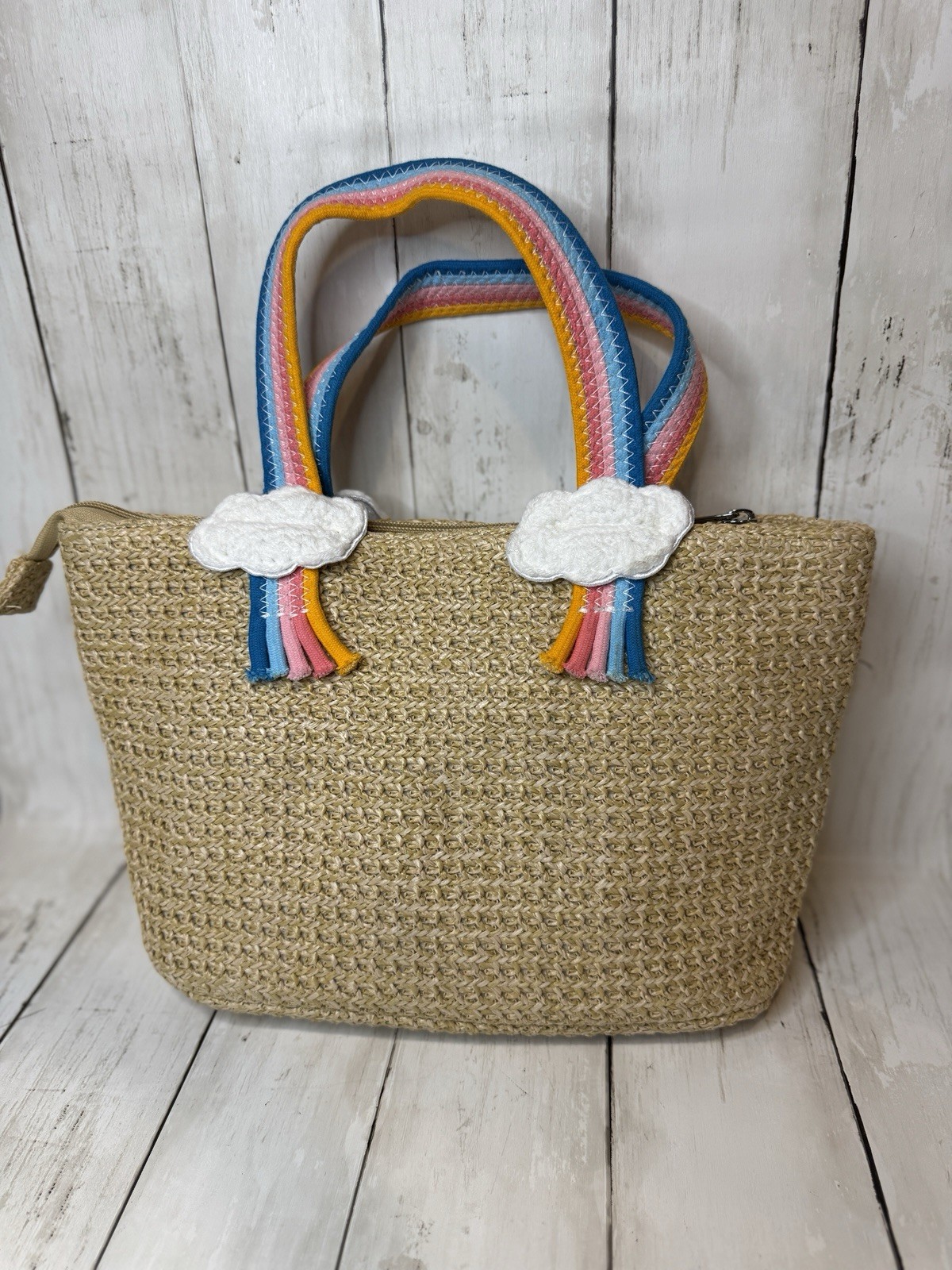 Sea & Grass Saint Ida Woven Straw Top Handle Bag Rainbow Handles Clouds NWOT
