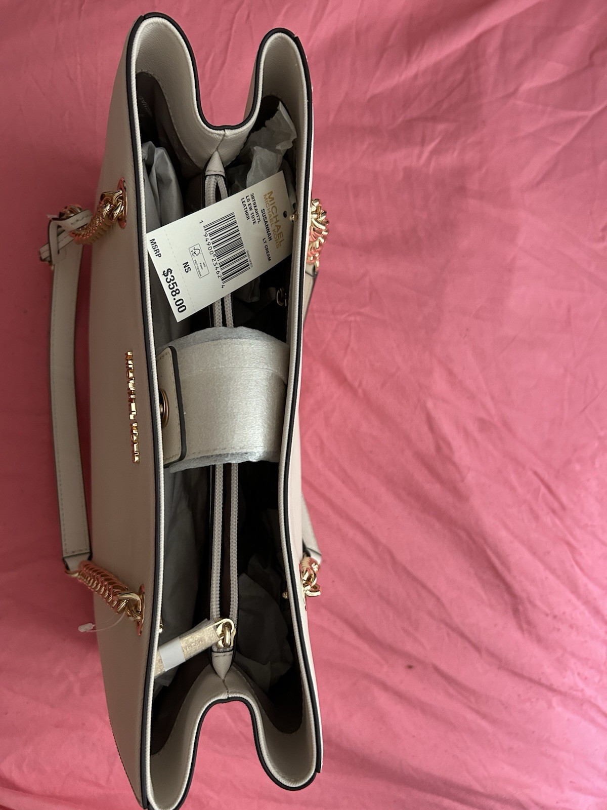 Michael Kors Large Beige Tote Handbag Gold Chain Strap MK Charm Inner Pockets