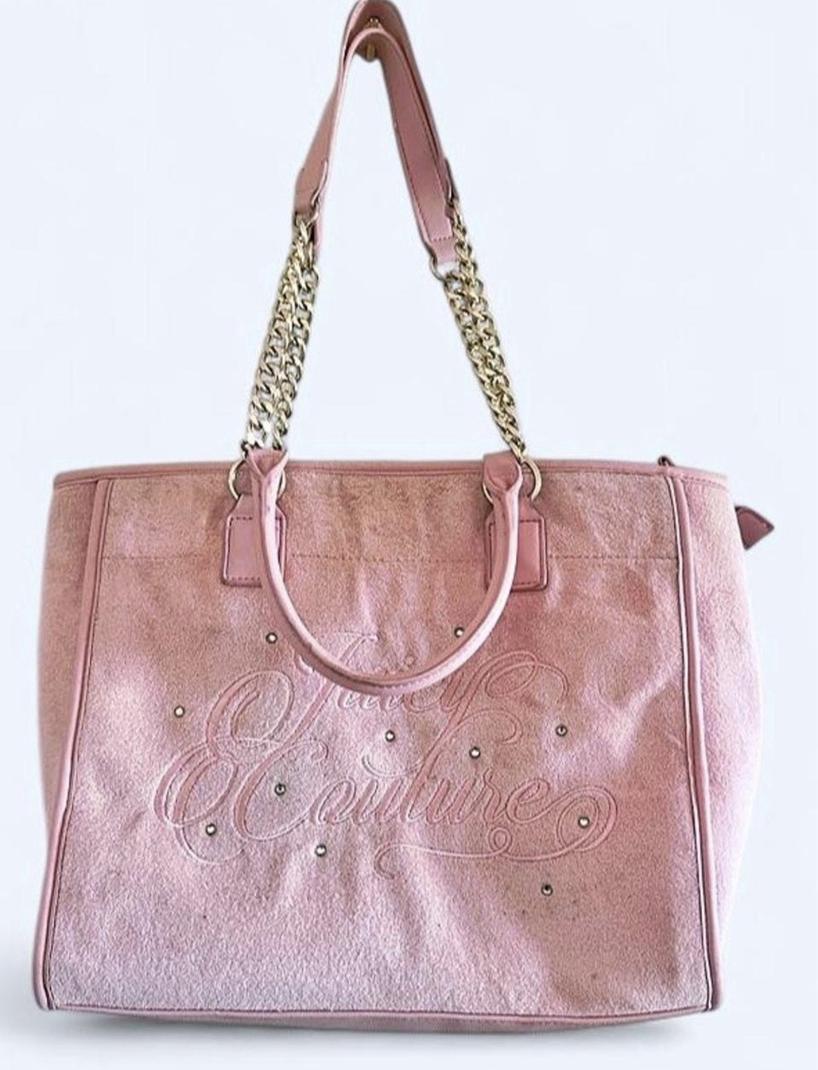 Juicy Couture Metallic Pink Logo Tote, Gold Chain Double Handles, Zip, Charm