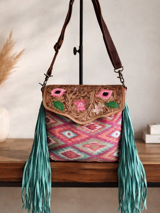Myra Bag Fringe Tooled Leather Handbag Western Boho Floral Turquoise Crossbody