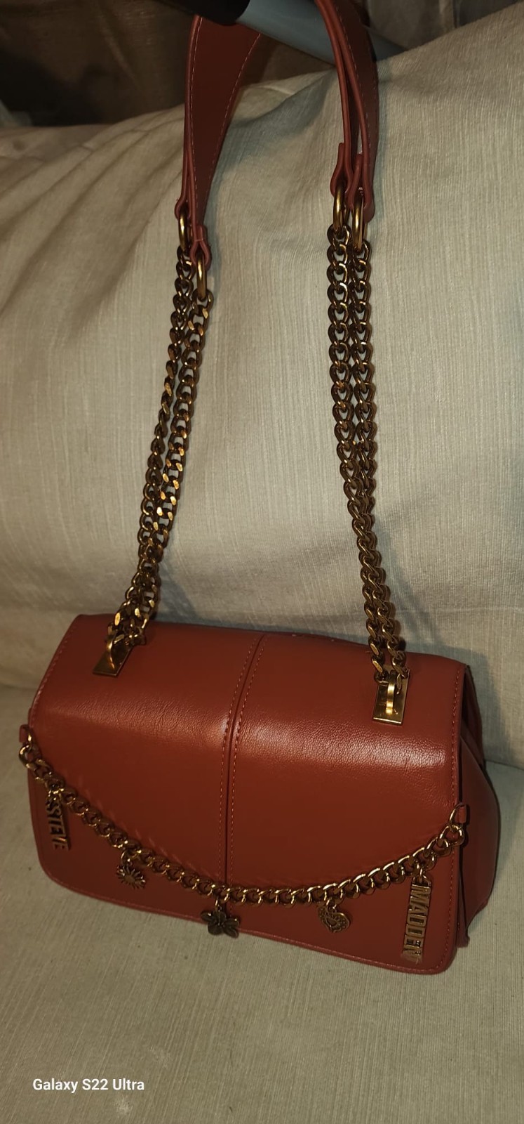 Steve Madden Brown Logo. Shoulder Bag w/Gold Chain Strap Solid Rectangle